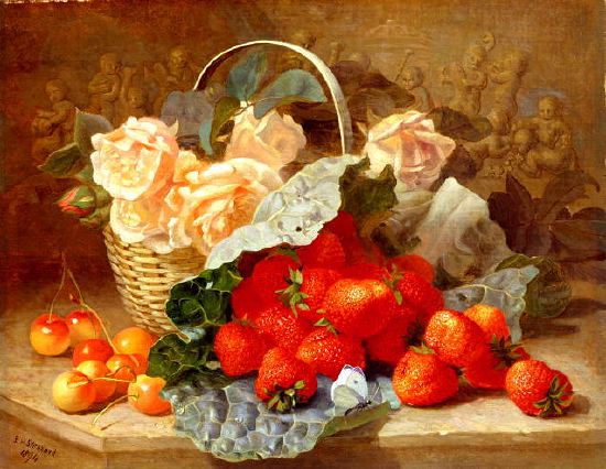 Photo of "A STILL LIFE OF SUMMER FRUIT AND PEACH ROSES" by ELOISE HARRIET STANNARD