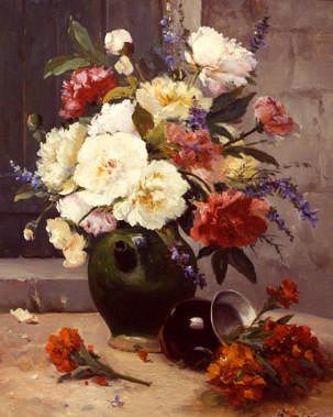 Photo of "A STILL LIFE OF PEONIES AND WALLFLOWERS" by EUGENE HENRI CAUCHOIS