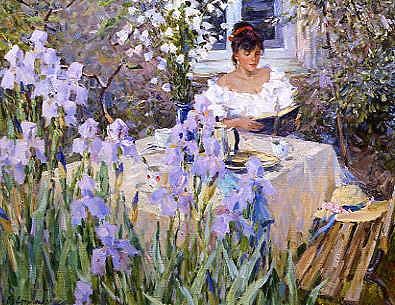 Photo of "READING IN THE GARDEN (NB NOT AVAILABLE FOR CARD/POSTER)" by VIKTOR (CONTEMPORARY - E YEFIMENKO