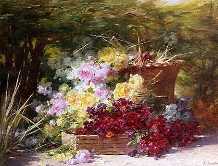 Photo of "FLOWERS IN A BASKET IN A WOODED GLADE" by ANDRE BENOIT PERRACHON