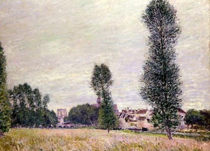 Photo of "VILLAGE OF MORET SEEN FROM THE FIELDS, FRANCE, 1886" by ALFRED SISLEY