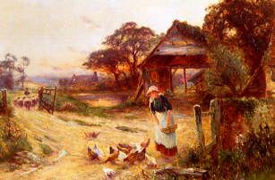Photo of "FEEDING THE CHICKENS, HERD OF SHEEP BEHIND" by ERNEST WALBOURN