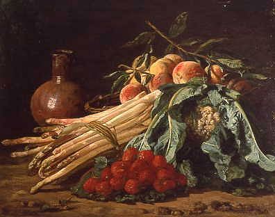 Photo of "STILL LIFE OF ASPARAGUS, CAULIFLOWER AND STRAWBERRIES" by ADRIENNE MOLS