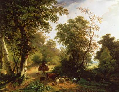 Photo of "PEASANT & ANIMALS IN WOODLAND SCENE" by PIERRE JEAN HELLEMANS
