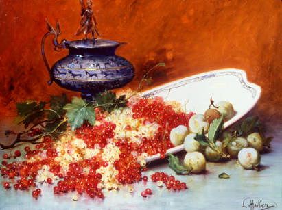 Photo of "STILL LIFE OF RED AND WHITE CURRANTS AND GREENGAGES" by LEON HUBER