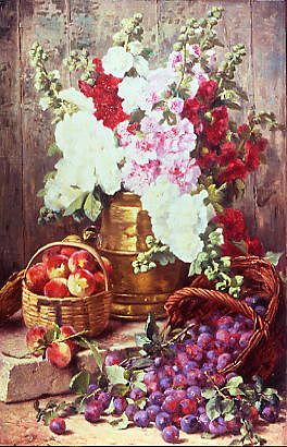 Photo of "A STILL LIFE OF HOLLYHOCKS, PEACHES AND PLUMS" by EUGENE CLAUDE