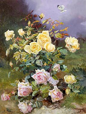 Photo of "A STILL LIFE OF PINK AND YELLOW ROSES" by ALEXANDRE DEBRUS