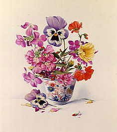 Photo of "PANSIES AND STOCKS IN A TEA BOWL" by EDWARD JULIUS (COPYRIGHT DETMOLD