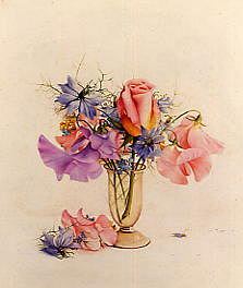 Photo of "LOVE-IN-A-MIST AND SWEET PEAS IN A GLASS VASE" by EDWARD JULIUS (COPYRIGHT DETMOLD