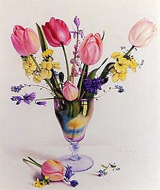 Photo of "TULIPS,HYACINTHS AND WALLFLOWERS IN A LUSTRE VASE" by EDWARD JULIUS (COPYRIGHT DETMOLD