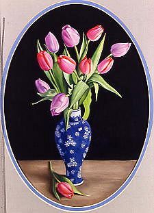 Photo of "TULIPS IN A BLUE VASE AGAINST BLACK" by EDWARD JULIUS (COPYRIGHT DETMOLD