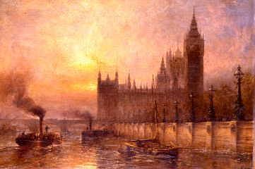 Photo of "THE HOUSES OF PARLIAMENT,SUNSET,FROM THE THAMES EMBANKMENT,1884." by CLAUDE T. STANFIELD MOORE