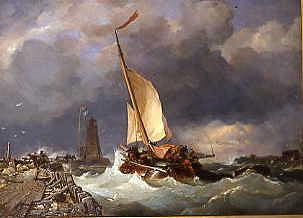 Photo of "DUTCH PILOTS WARPING THEIR CRAFT OUT OF HARBOUR IN ROUGH WEATHER 1849" by EDWARD WILLIAM COOKE