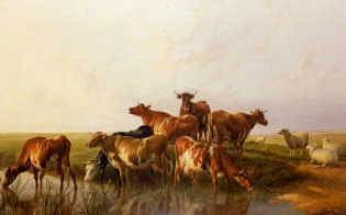 Photo of "CATTLE WATERING, 1888" by THOMAS SIDNEY COOPER