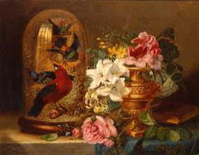 Photo of "STILL LIFE WITH FLOWERS AND STUFFED BIRDS, 1863" by JOHN WAINEWRIGHT