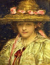 Photo of "LADY IN A STRAW HAT WITH PINK ROSES, 1908" by MARY PERRIN