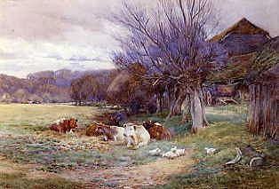 Photo of "A COUNTRY VIEW WITH CATTLE AND DUCKS" by CHARLES JAMES ADAMS