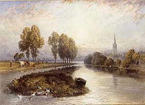 Photo of "A RIVER NEAR A CATHEDRAL AT DUSK" by MYLES BIRKET FOSTER