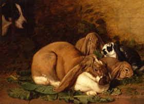 Photo of "LOP-EARED RABBITS AND A TERRIER" by HORATIO HENRY COULDERY