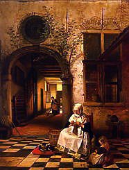 Photo of "A DUTCH MOTHER KNITTING IN A COURTYARD, 1842" by BARON HENDRICK LEYS