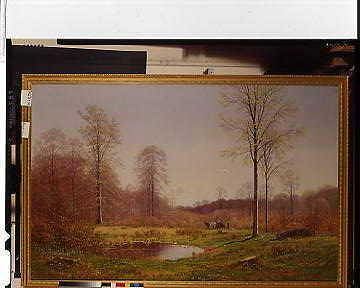 Photo of "THE WOODCOCK HUNTER AND HIS DOG IN A FOREST CLEARING." by HANS GABRIEL FRIIS