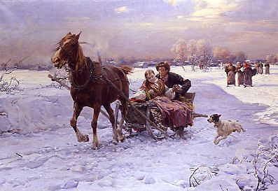 Photo of "THE BRIDAL SLEIGH LEAVING A SNOWBOUND VILLAGE" by ALFRED VON WIERUSZ- KOWALSKI