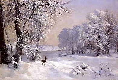 Photo of "DEER IN A SNOW COVERED LANDSCAPE, 1890" by ANDERS ANDERSEN LUNDBY