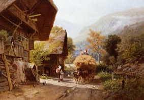 Photo of "A HAY CART ON A VILLAGE STREET" by CARL FRIEDRICH HARVENG