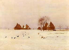 Photo of "HAYSTACKS IN A WINTER LANDSCAPE, 1895" by EUGEN JETTEL