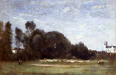 Photo of "ESSOYES,AUBE-UN RIDEAU D'ARBES ET L'EGLISE AU FOND, C.1868" by JEAN BAPTISTE CAMILLE COROT