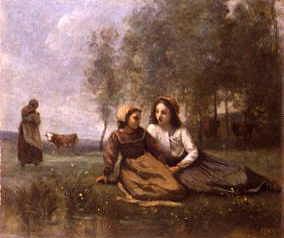 Photo of "LES DEUX JEUNES VACHERES DANS LA PRAIRIE AU BORD L'EAU C.1850" by JEAN BAPTISTE CAMILLE COROT