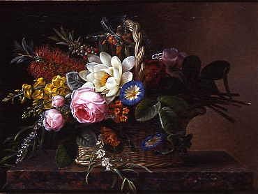 Photo of "STILL LIFE OF BOTTLE BRUSH, LILY, BROOM, CONVULVULUS FLOWERS" by JOHAN LAURENTZ JENSEN