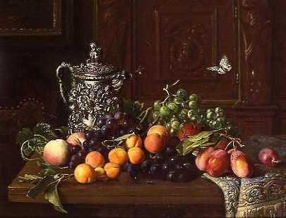 Photo of "A STILL LIFE OF FRUIT AND A JUG ON A TABLE, 1880" by OLAF AUGUST HERMANSEN