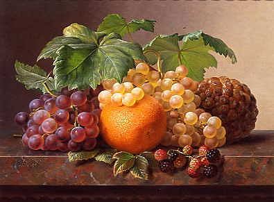 Photo of "A STILL LIFE OF GRAPES,BLACKBERRIES,AN ORANGE & A PINEAPPLE." by JOHAN LAURENTZ JENSEN