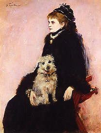 Photo of "A WOMAN HOLDING A TERRIER." by NORBERT GOENEUTTE