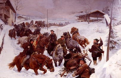 Photo of "HUNTSMEN RETURNING HOME IN THE SNOW, 1891" by JULIUS VON BLAAS