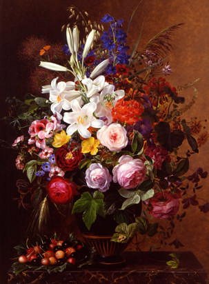 Photo of "LILIES, PELARGONIUM AND ROSES IN A GREEK VASE" by JOHAN LAURENTZ JENSEN
