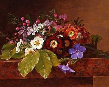 Photo of "A BOUQUET OF APPLE & CHERRY BLOSSOMS, PRIMULA AND PURPLE VINCA" by JOHAN LAURENTZ JENSEN