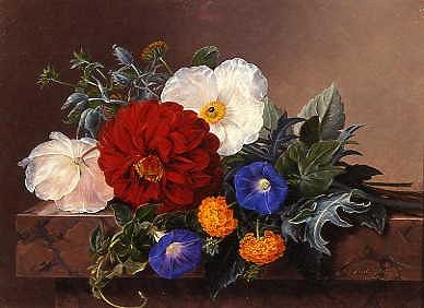 Photo of "DAHLIA WITH WHITE POPPIES, CHERIANTHUS & MORNING GLORIES" by JOHAN LAURENTZ JENSEN