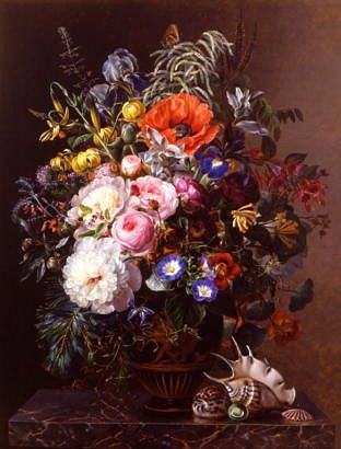 Photo of "A POPPY, PEONIES, ROSES, NASTURTIUMS AND IRIS IN A VASE" by JOHAN LAURENTZ JENSEN