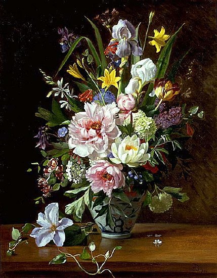 Photo of "A STILL LIFE WITH CLEMATIS, IRIS AND PEONIES" by AUGUSTA DOHLMANN