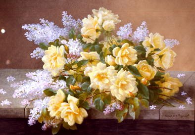 Photo of "A STILL LIFE OF YELLOW ROSES WITH LILAC" by RAOUL DE LONGPRE