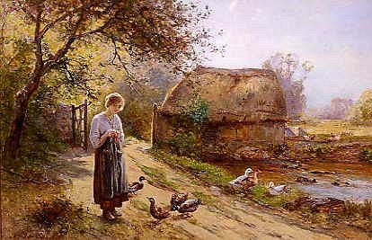Photo of "A BRIGHT DAY BY THE RIVER, FEEDING THE DUCKS" by ERNEST WALBOURN
