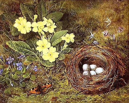 Photo of "PRIMROSES WITH A BIRD'S NEST" by H. BARNARD (ACTIVE 1844 GREY