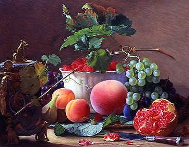 Photo of "A STILL LIFE OF FIGS, PEACHES, POMEGRANATES & RASPBERRIES" by CARL VILHELM BALSGAARD