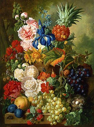 Photo of "RICH STILL LIFE WITH IRIS, HOLLYHOCK AND PINEAPPLE" by JAN VAN OS
