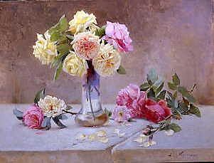 Photo of "A STILL LIFE OF PINK AND YELLOW ROSES" by EMILE VERNON