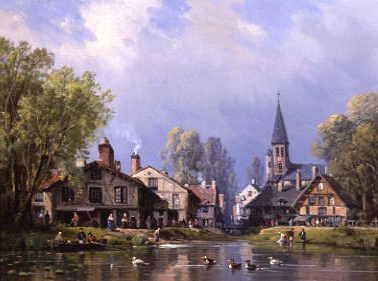 Photo of "A BUSY RIVERSIDE VILLAGE" by CHARLES EUPHRASIE KUWASSEG