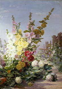 Photo of "SUMMER FLOWERS WITH HOLLYHOCKS AND HYDRANGEA" by BERTHE COSTADAU