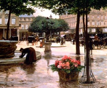 Photo of "A FLOWER SELLER NEAR THE LOUVRE, PARIS" by VICTOR-GABRIEL GILBERT